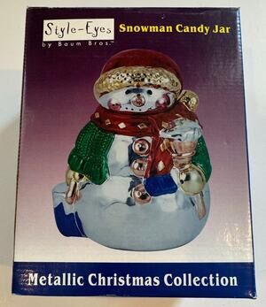 New Style Eyes by Baum Bros Metallic Snowman Candy Jar Christmas Collection